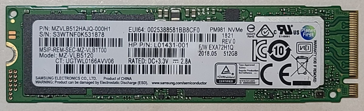 値下げ】Samsung PM981 512GB NVMe SSD 100%073 NEW - HP Pavilion 15-DY1091WM 512GB SSD NVMe M.2 L63573-001