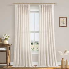 PINCH PLEATED 90 INCH CURTAINS 2 PANELS FOR LIVING ROOM CREAM BEIGE LINEN CURTAI
