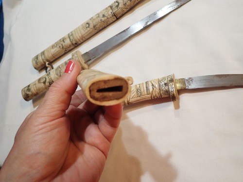 Antique/Vintage Japanese Carved Tanto Sword Blade Katana set of 2 - Picture 9 of 22