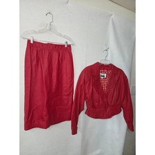 Pelle Cuir Leather Skirt Suit Women 8/M Red Cropped Jacket Pencil Skirt Vintage