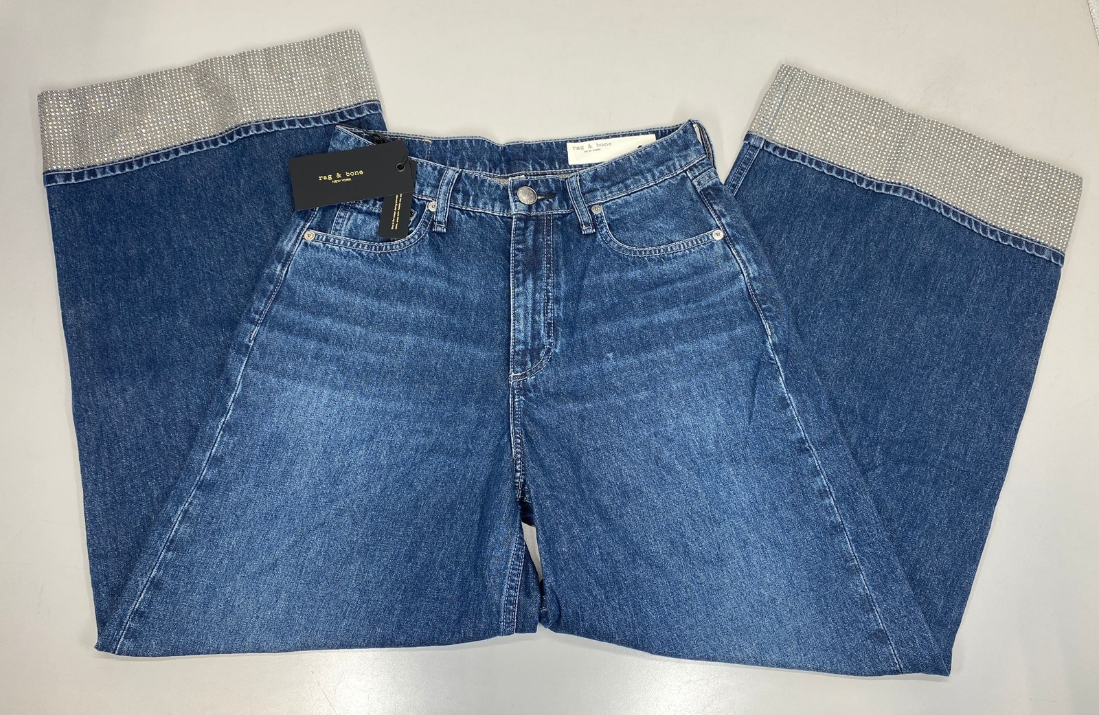 Rag & Bone Womens Wide Leg Ankle Jean Blue Size 26 Sofie Jewel Cuff High Rise