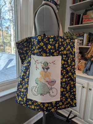 XLG Lined MARKET TOTE BAG hm w/VTG Calico & Hand Emb ''GIRL on BICYCLE'' Linen NEW