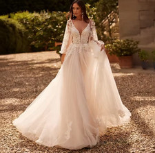 Princess Wedding Dress Appliques Lace Floor Length A Line V Neck Bridal Gowns