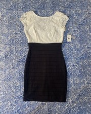 Eliza J Lace Top Ivory/Black  Dress V Back Cap Sleeve Women’s Size 4 Wedding 