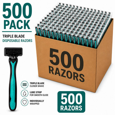Triple Blade Disposable Razors Green Lube Strip Individually Wrapped 500pk