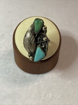 Vintage Native American Silver Toned Two Stone Turquoise Feather Ring size 6 1/2