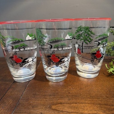 Vintage Libbey Maxwell  Glasses People &  Cars 1950's 8ozs Drinking Glasses MCM