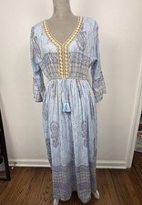 Refined Threads Dress Empire Waist Boho Peasant Bell Sleeves Size Medium Blue