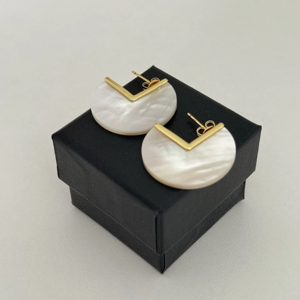 Genuine Mother Of Shell Disc Hoop Gold Plated Earrings - Image 3 of 4