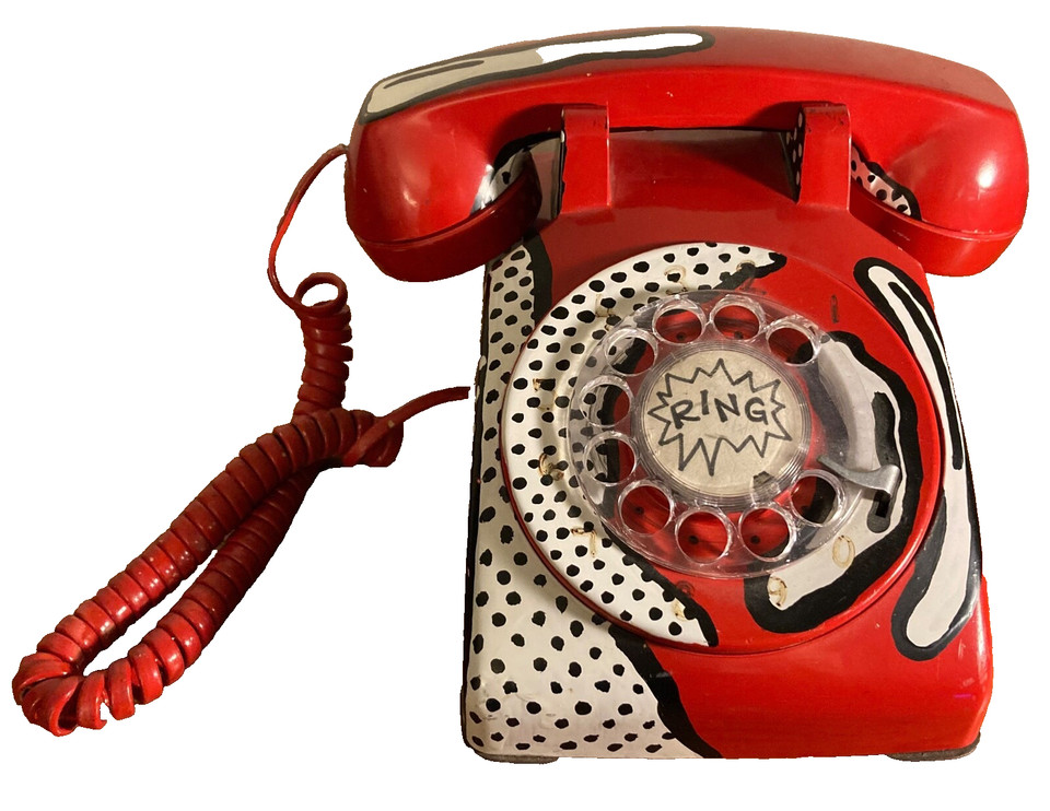 A one-of-a-kind hand-painted Pop Art telephone signed by artist Cathy Klein in 1995 — functional sculpture meets bold '90s maximalism.