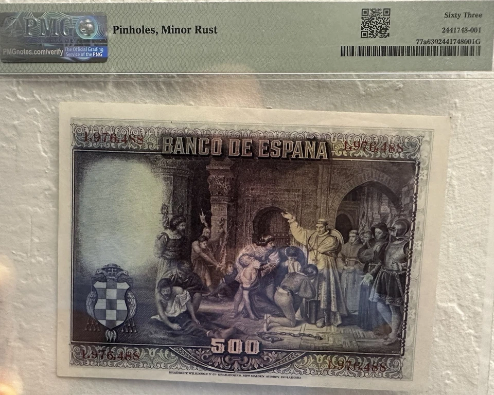 1928 Spain Banco de Espana 500 Pesetas Pick#77a PMG 63 Choice UNC - Image 2 of 2