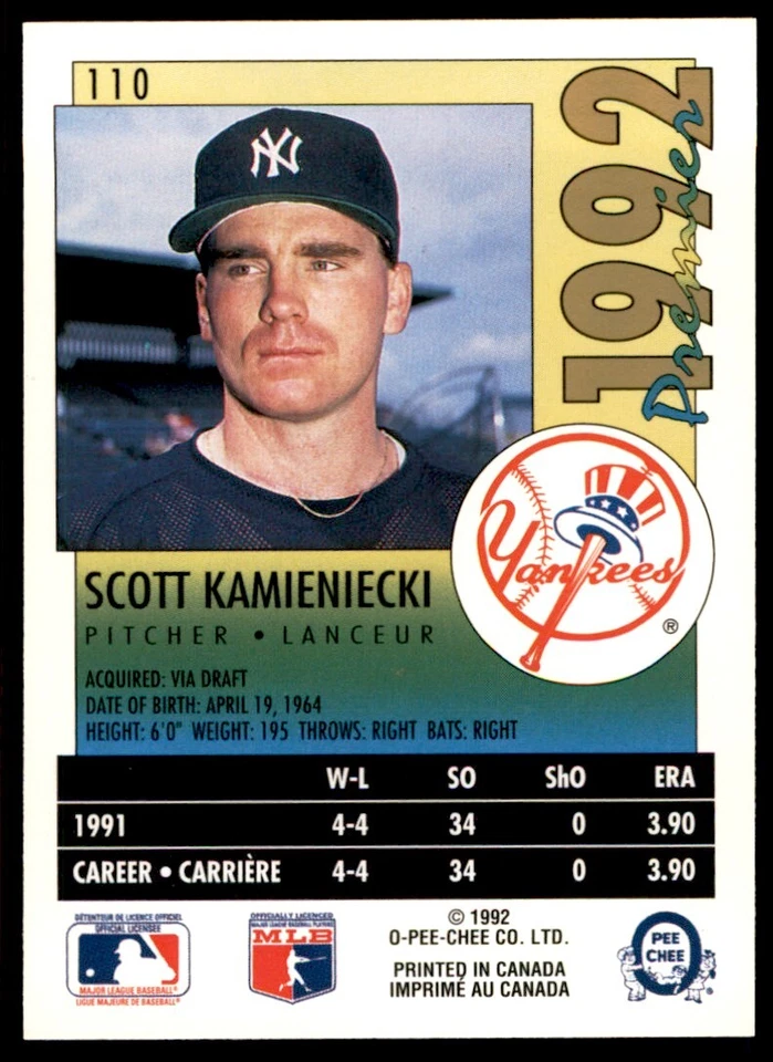 1992 O-PEE-CHEE PREMIER SCOTT KAMIENIECKI . NEW YORK YANKEES #110 - Image 2 of 2