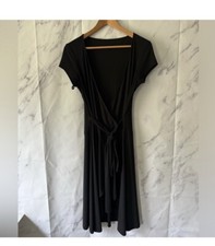 VTG 90s CHAPS BLACK V NECK WRAP DRESS WOMENS MEDIUM