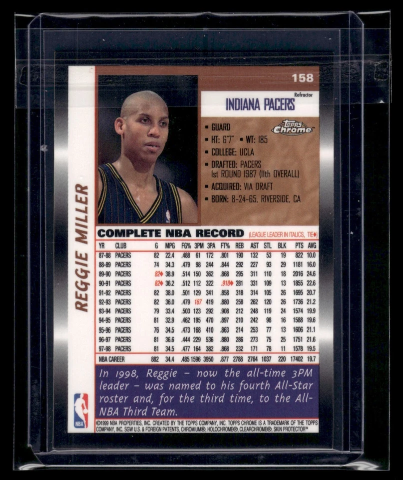 1998 Topps Chrome Refractor #158 Reggie Miller Pacers HOF *EX MT* - Image 2 of 2