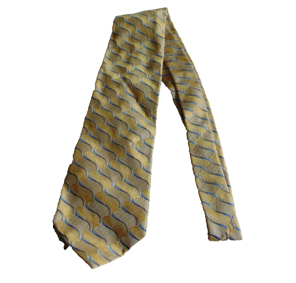Corbata Bachrach Hombre 100% Seda Dorado Azul Claro Geométrica Ancha Hecha en Italia Foto 2 de 4