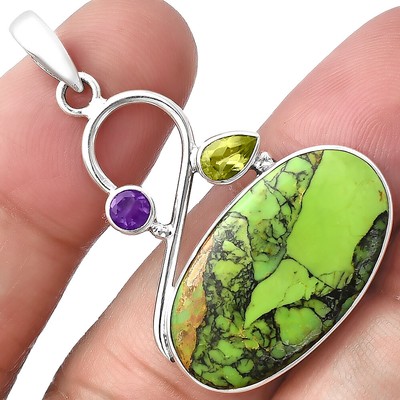 Grüne Matrix Türkis, Peridot & Amethyst 925 Silber Anhänger Schmuck P-1027
