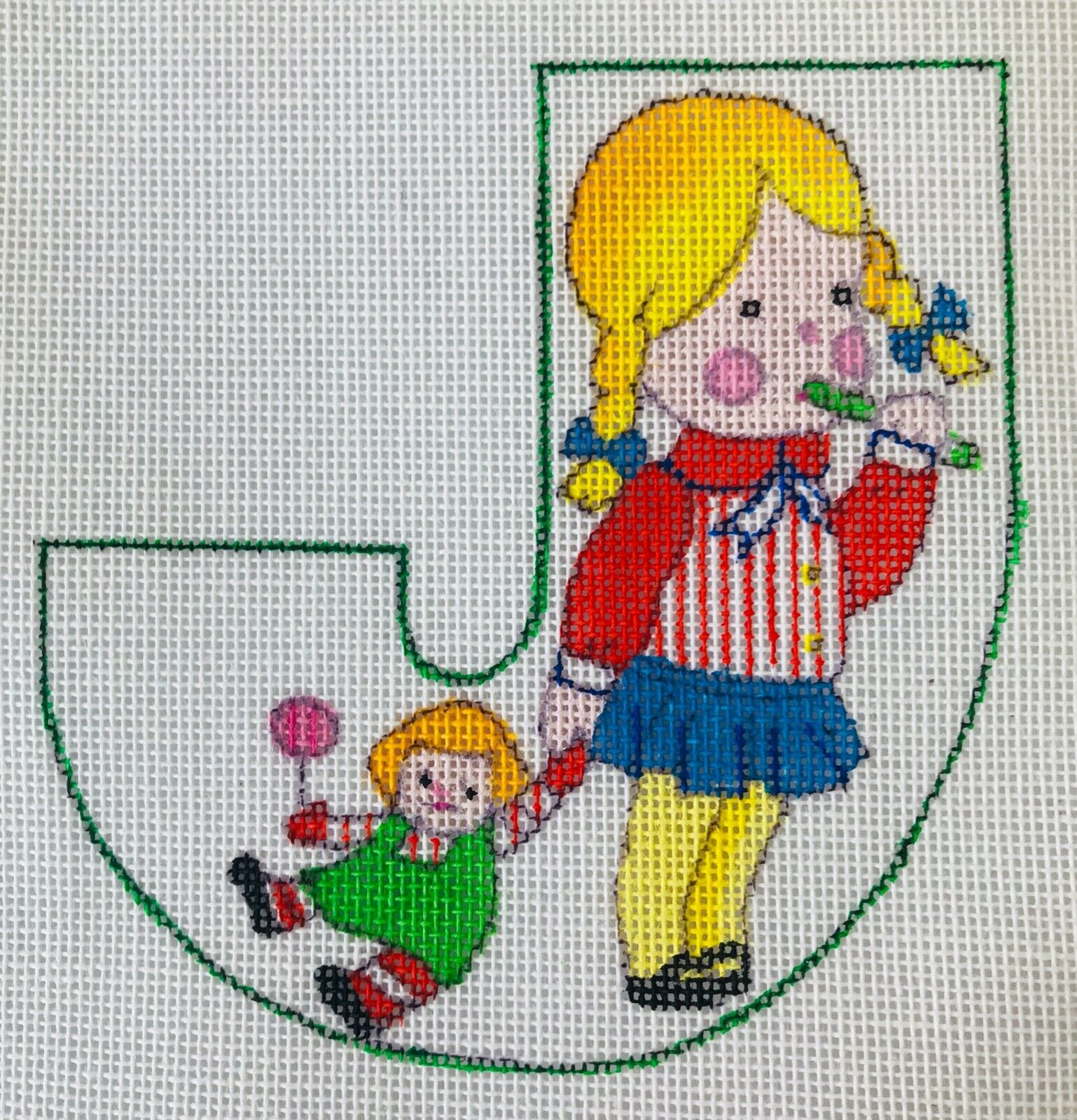 Dede Needlepoint Hand Painted Canvas Letter Initial J Little Girl with Doll