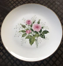 Sabin China Cathy Pink Rose 10” Dinner Plate 22kt Gold Rim USA Made Crazed