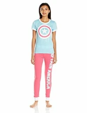 Marvel Womens 2-Piece Captain America Jogger Lounge Set Blue/Pink Shirt & Pants!