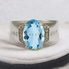 Aquamarine Oval Cut Gemstone With 925 Sterling Silver Ring For Men's #697