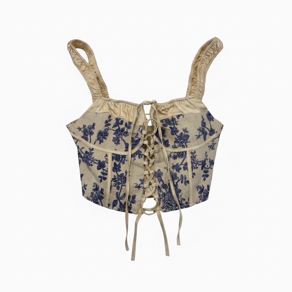 Corset Crop Top Womens M Blue Floral Cottagecore Tapestry Lace Up Festival Cider-image