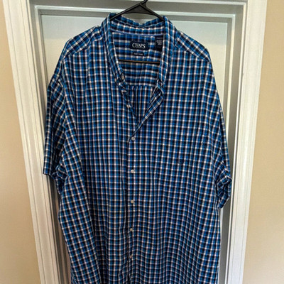 Chaps Easy Care Blue/White Plaid Short Sleeve Button-Up Shirt Big 4X Tall