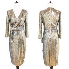 CALVIN KLEIN Gold Sequin Cocktail Dress Size 2 Knee Length Party Formal Metallic