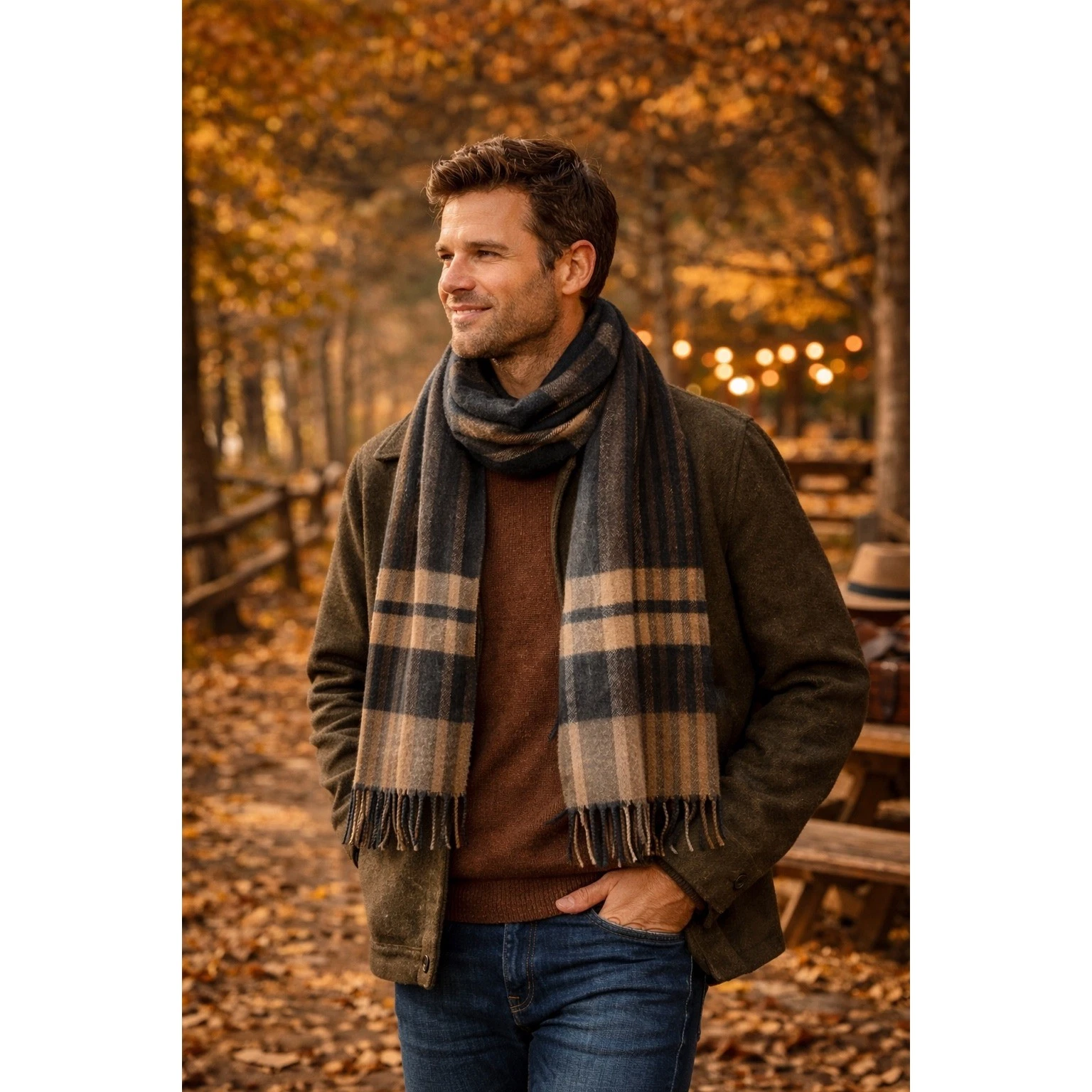 100% Cashmere Club Room Plaid Scarf Black Brown Tan Fringed Soft Warm Luxury