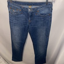 TRUE RELIGION Slim Straight Jeans Blue Button Flap Pockets BKYM Womens 31