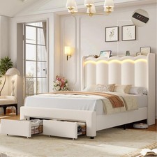 Upholstered Full Size LED Bed Frame with Charging Station and 2 Storage Drawers