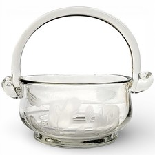 Vintage Floral Leaves Etched Hand Blown Glass Basket 6.75"