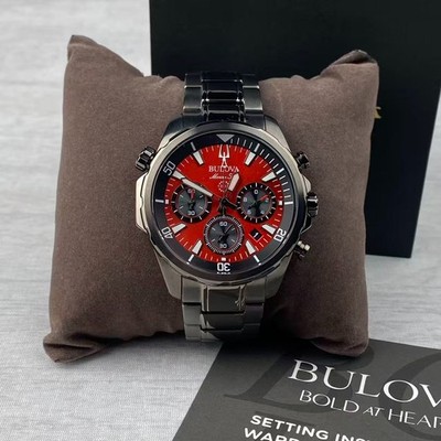 New Bulova Marine Star Men's Quartz Watch Red Dial Chronograph 98B350 43mm
