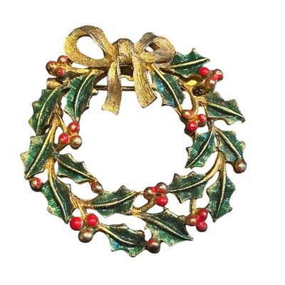 Vintage Signed JJ Jonette Jewelry Gold Enamel Holly Wreath Christmas Brooch Pin