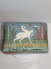 Vintage Tonala Mexico Pottery Box Hand Painted Deer Folk Art Terracotta