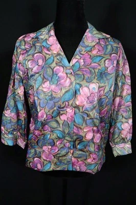 Blouse Vintage Années 1960-1970 Imprimé Floral Coloré Taille 16 Grande - Photo 1/2