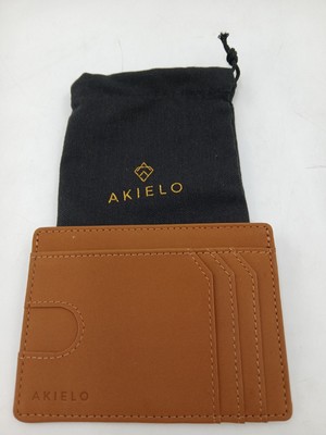 Akielo Card Holder Wallet Mens Slim Minimalist RFID Vegan Leather Tan Brown New
