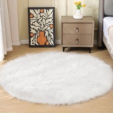 White Fluffy Faux Sheepskin Washable Fur Round Rug 5ft Nursery Rugs for Bedro...