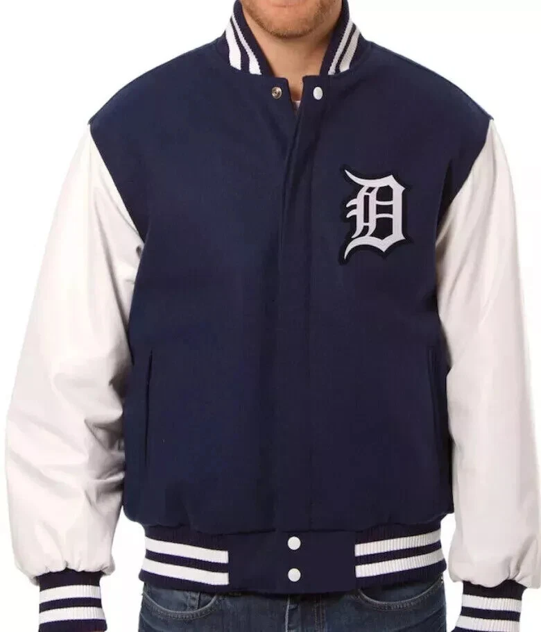 Detroit Tigers Varsity Jacket Navy / White Wool & Leather Bomber Style Coat