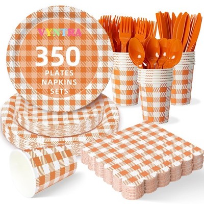 350 PCS Orange White Checkered Gingham Paper Plates Napkins Set 9 And 7 Inch