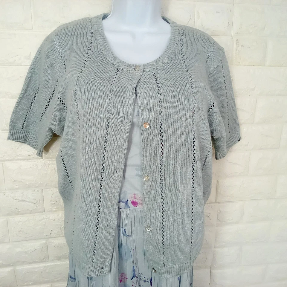 Vintage 90s 2-pc Set Floral Tank Dress & Cardigan Sweater Knit Linen Cotton M/L - Image 2 of 4