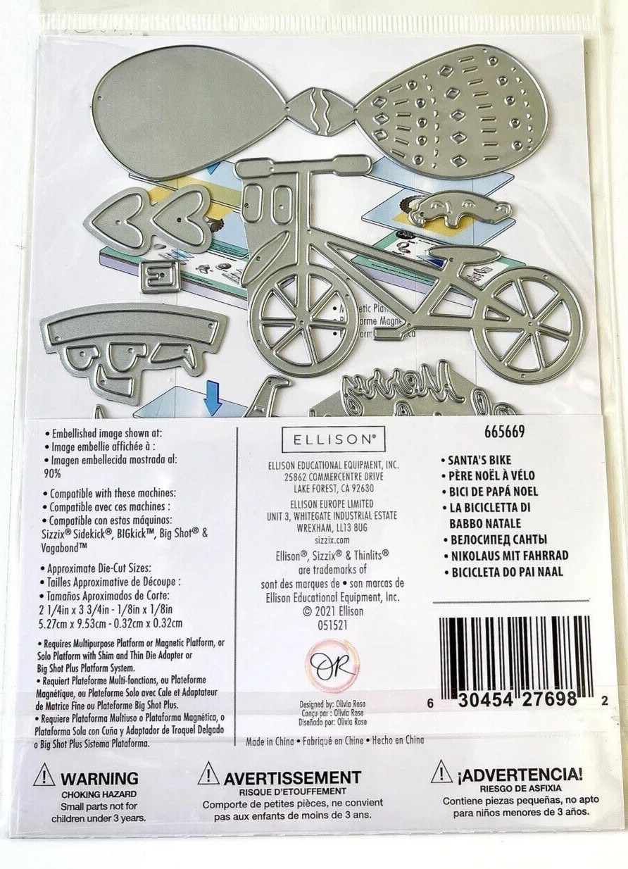 Santa's Bike Christmas Sizzix Thinlits Metal Die Set 665669 NEW!