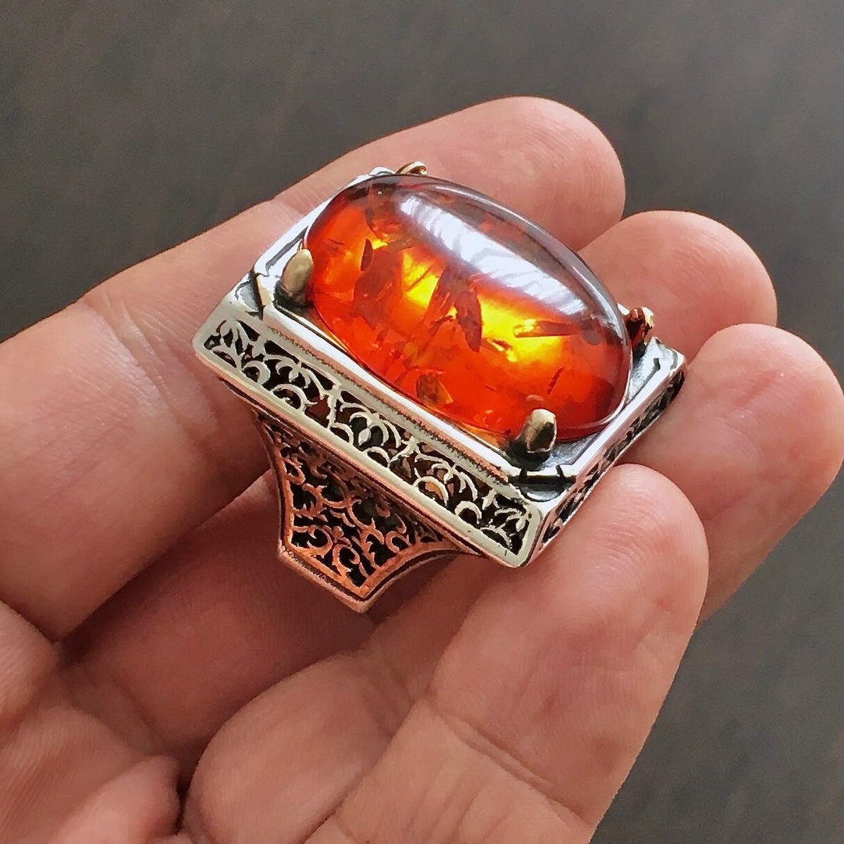 Big Silver Mens Ring Fire Amber Turkish Artisan Jewelry Statement