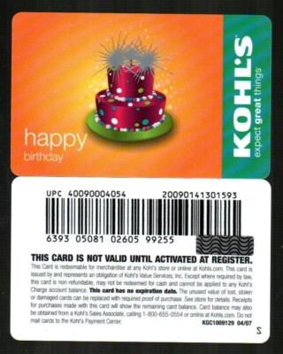 KOHL'S Happy Birthday, Cake with Sparklers ( 2009 ) Gift Card ( $0 ) V2