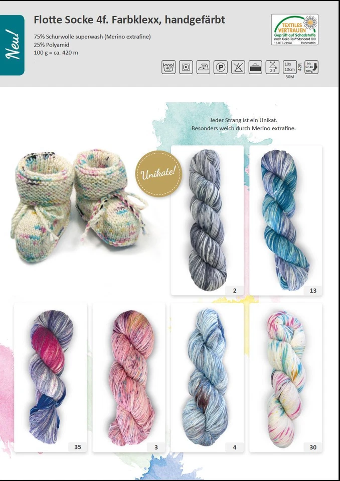 (119,5€/kg) 100gr Sockenwolle FARBKLEXX Rellana handgefärbt weich m. Merinowolle - Bild 2 von 2