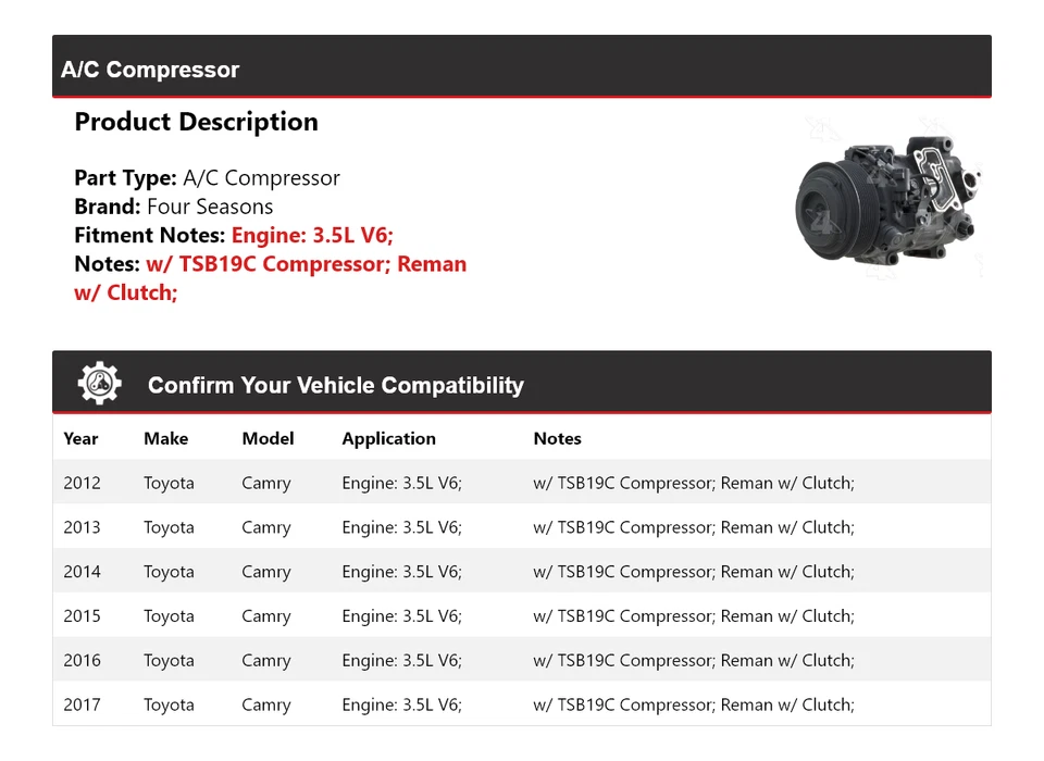 Compresor de aire acondicionado para Toyota Camry 2012-2017 3,5 L V6 4 estaciones 2013 2014 2015 2016 Foto 2 de 4