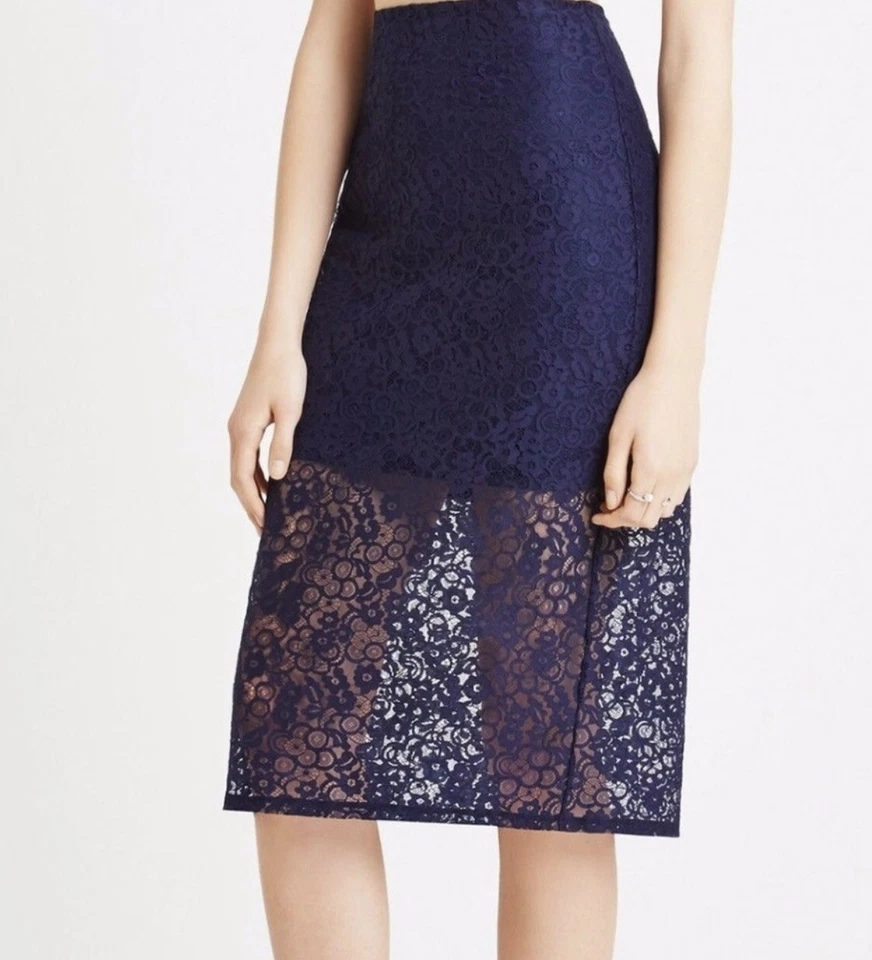 Falda lápiz de encaje floral BCBG para mujer 6 azul oscuro azul marino transparente coqueta Fairycore Foto 3 de 4
