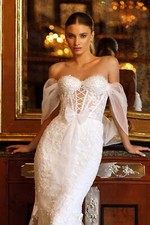 Jordan - Glitter floral lace embroidered mesh wedding dress with crystals