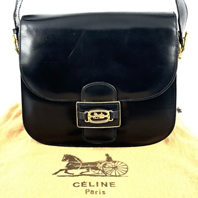 CELINE  Shoulder Bag Horse Carriage Leather Black Gold Authentic
