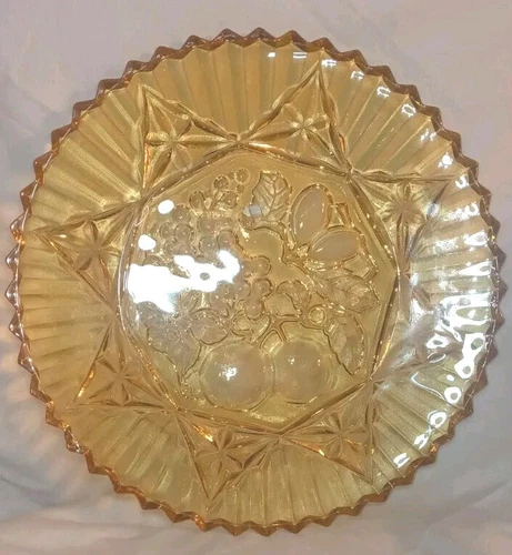 Vintage Federal Glass Amber Serving Platter With Fruit Themed & Fluted Edge