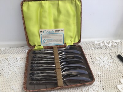 Oneida Roseanne Edelstahl 6 x Fischmesser & Gabeln mit Etui im floralen Design